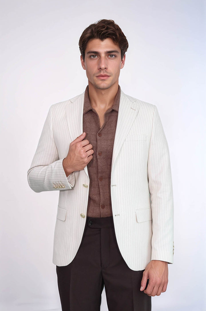 WSS Cream Striped Linen Gold Metal Button Slim Fit Men's Blazer Jacket  - Ensenada
