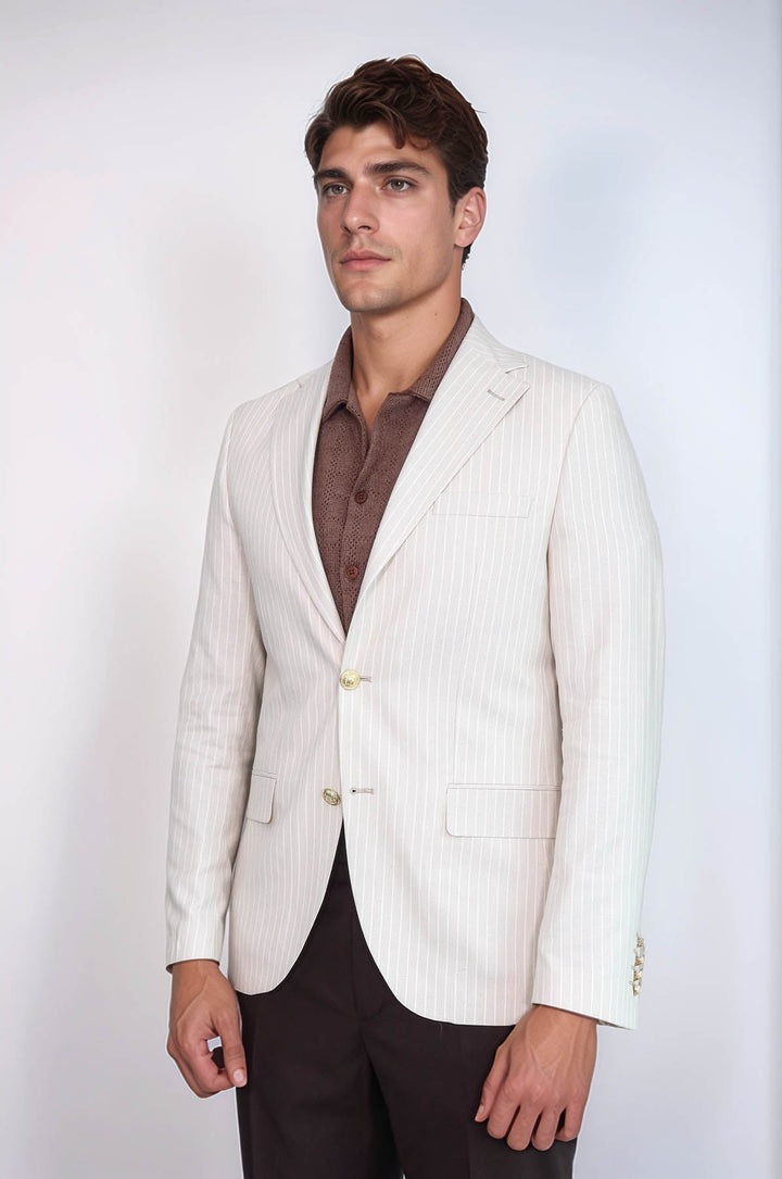 WSS Cream Striped Linen Gold Metal Button Slim Fit Men's Blazer Jacket  - Ensenada