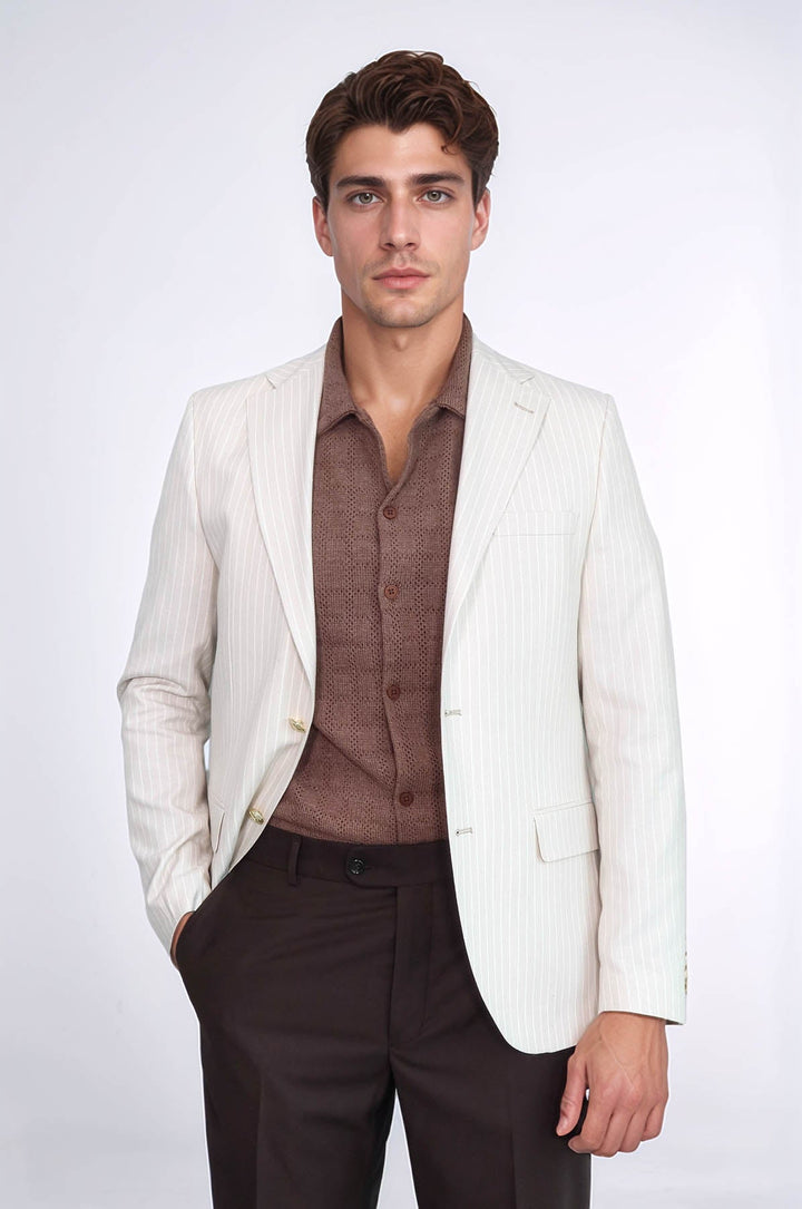 WSS Cream Striped Linen Gold Metal Button Slim Fit Men's Blazer Jacket  - Ensenada
