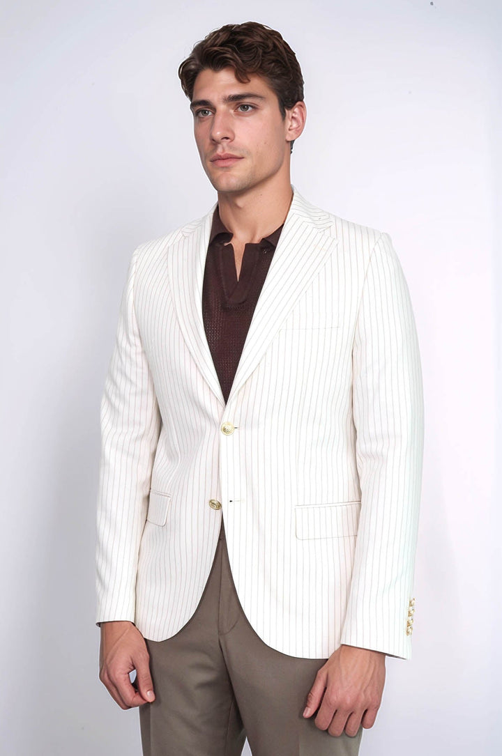 WSS Ecru Striped Linen Gold Metal Button Slim Fit Men's Blazer Jacket  - Chieri
