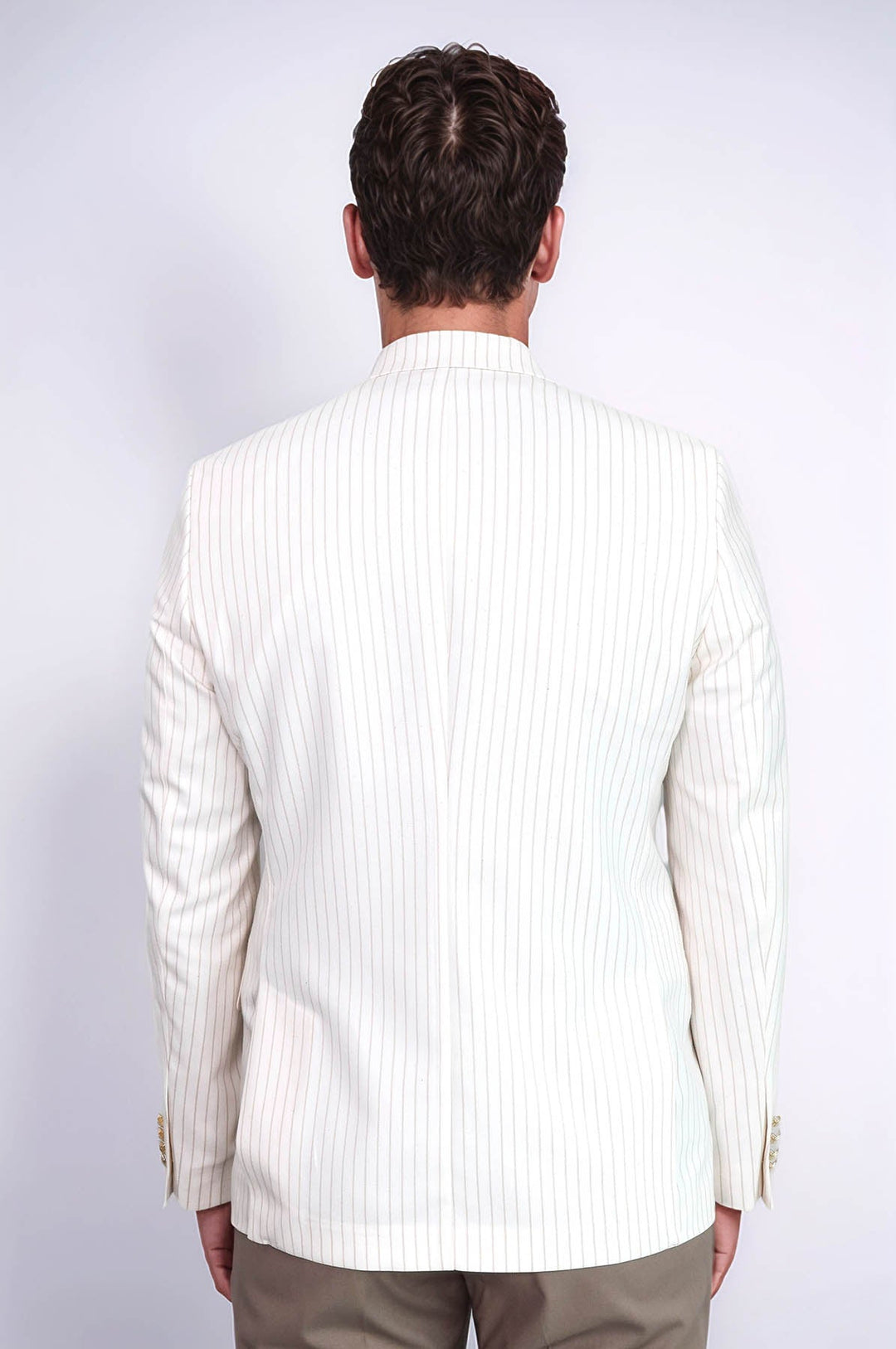 WSS Ecru Striped Linen Gold Metal Button Slim Fit Men's Blazer Jacket  - Chieri