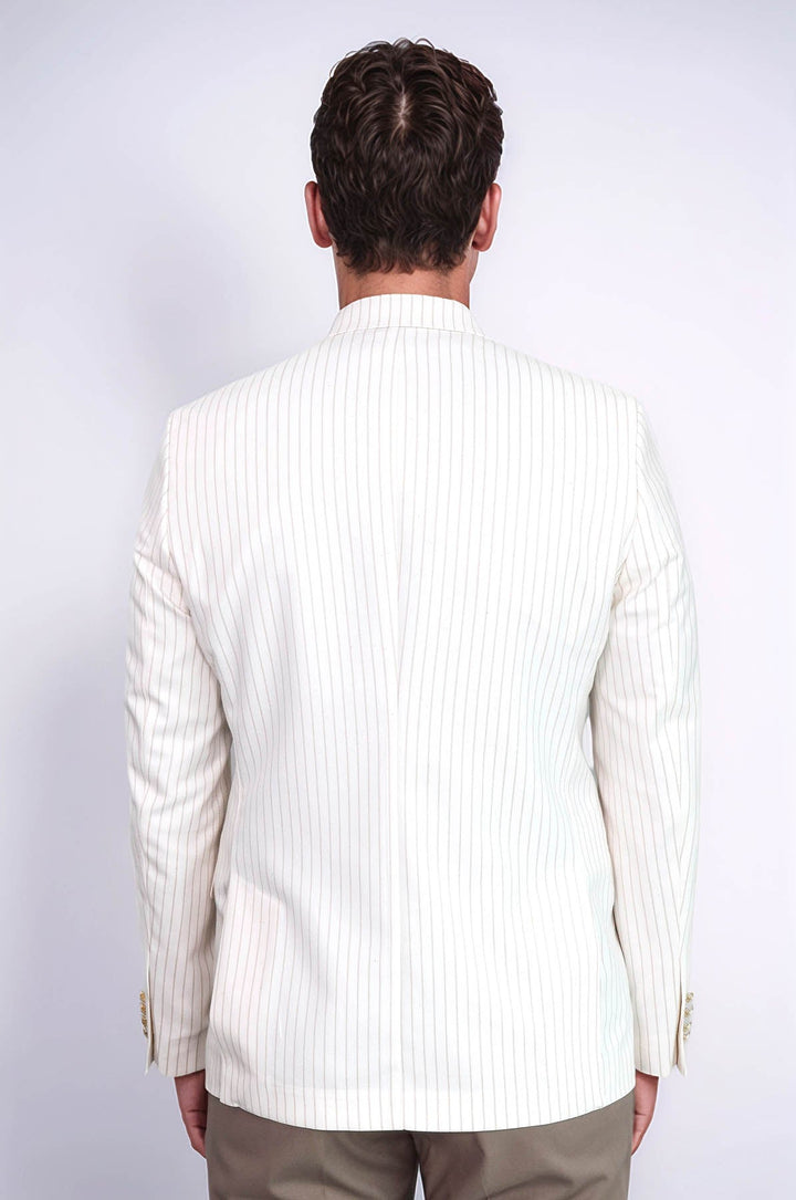 WSS Ecru Striped Linen Gold Metal Button Slim Fit Men's Blazer Jacket  - Chieri