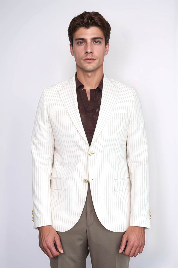 WSS Ecru Striped Linen Gold Metal Button Slim Fit Men's Blazer Jacket  - Chieri