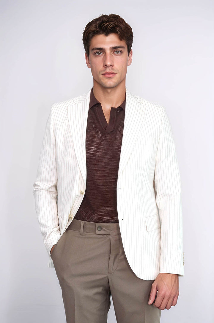 WSS Ecru Striped Linen Gold Metal Button Slim Fit Men's Blazer Jacket  - Chieri