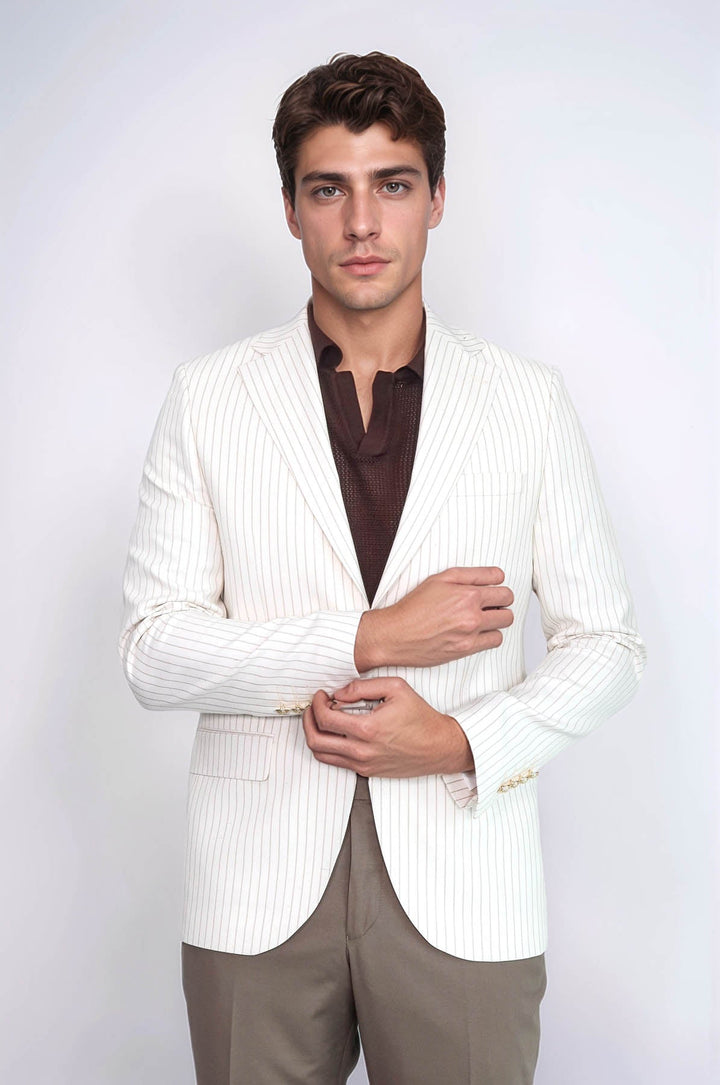 WSS Ecru Striped Linen Gold Metal Button Slim Fit Men's Blazer Jacket  - Chieri