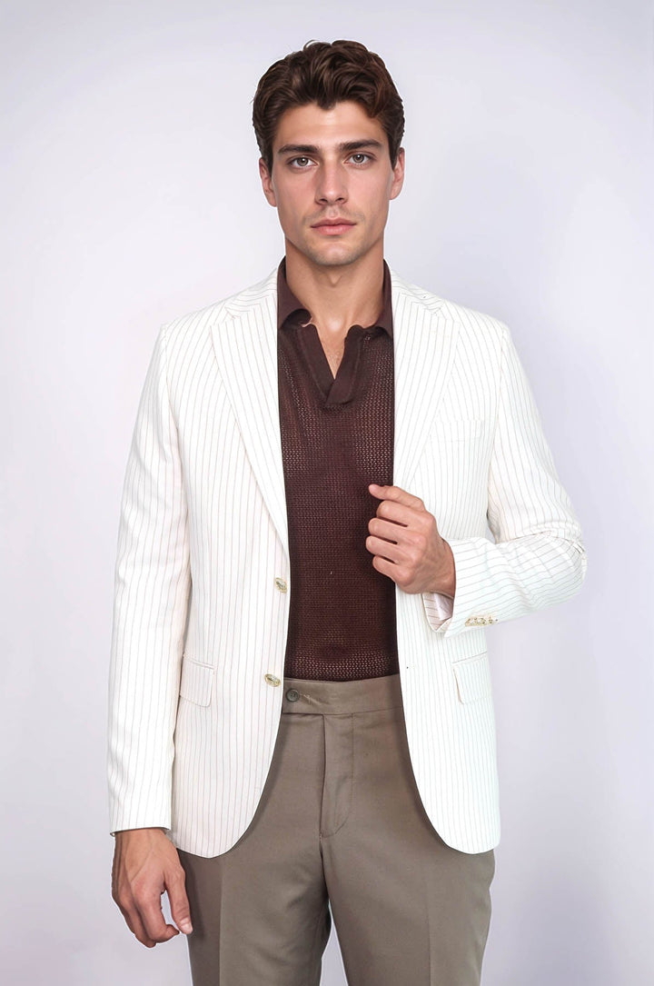 WSS Ecru Striped Linen Gold Metal Button Slim Fit Men's Blazer Jacket  - Chieri
