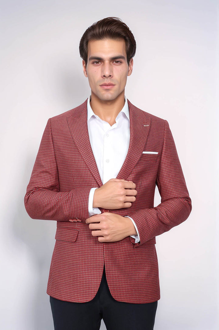 WSS Patterned Claret Red Slim-Fit Blazer  - La Barca