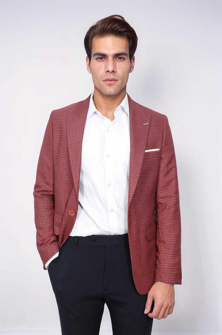 WSS Patterned Claret Red Slim-Fit Blazer  - La Barca