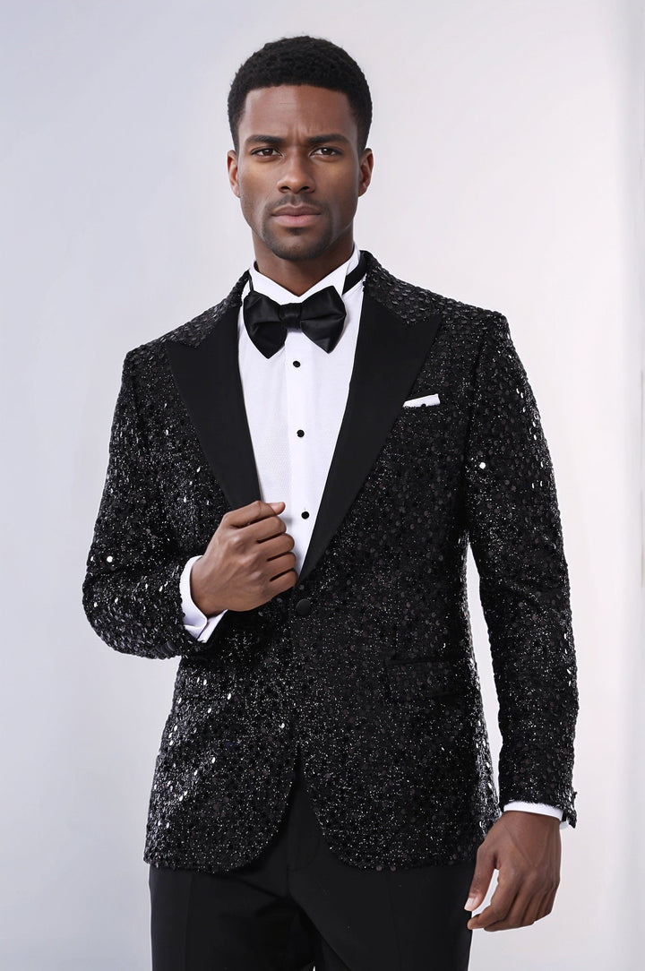 WSS Sequin Patterned Black Party Blazer  - Orizaba