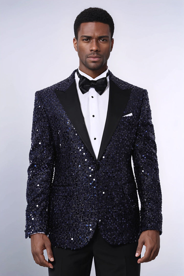 WSS Navy Blue Sequin Patterned Party Blazer  - North Bergen