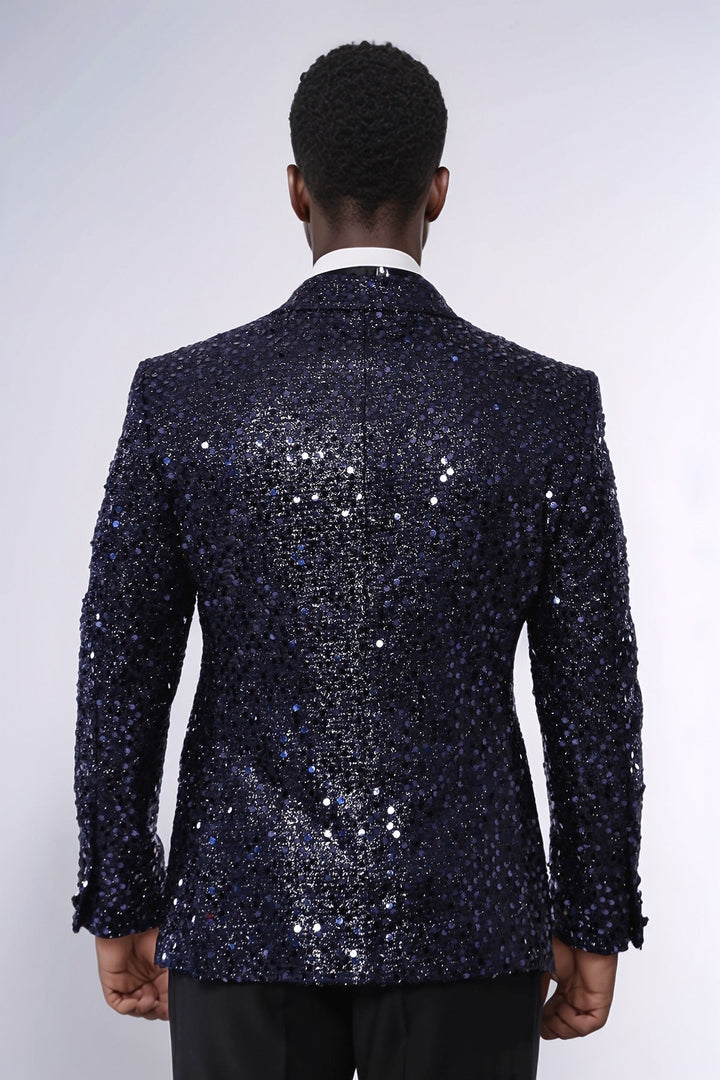 WSS Navy Blue Sequin Patterned Party Blazer  - North Bergen