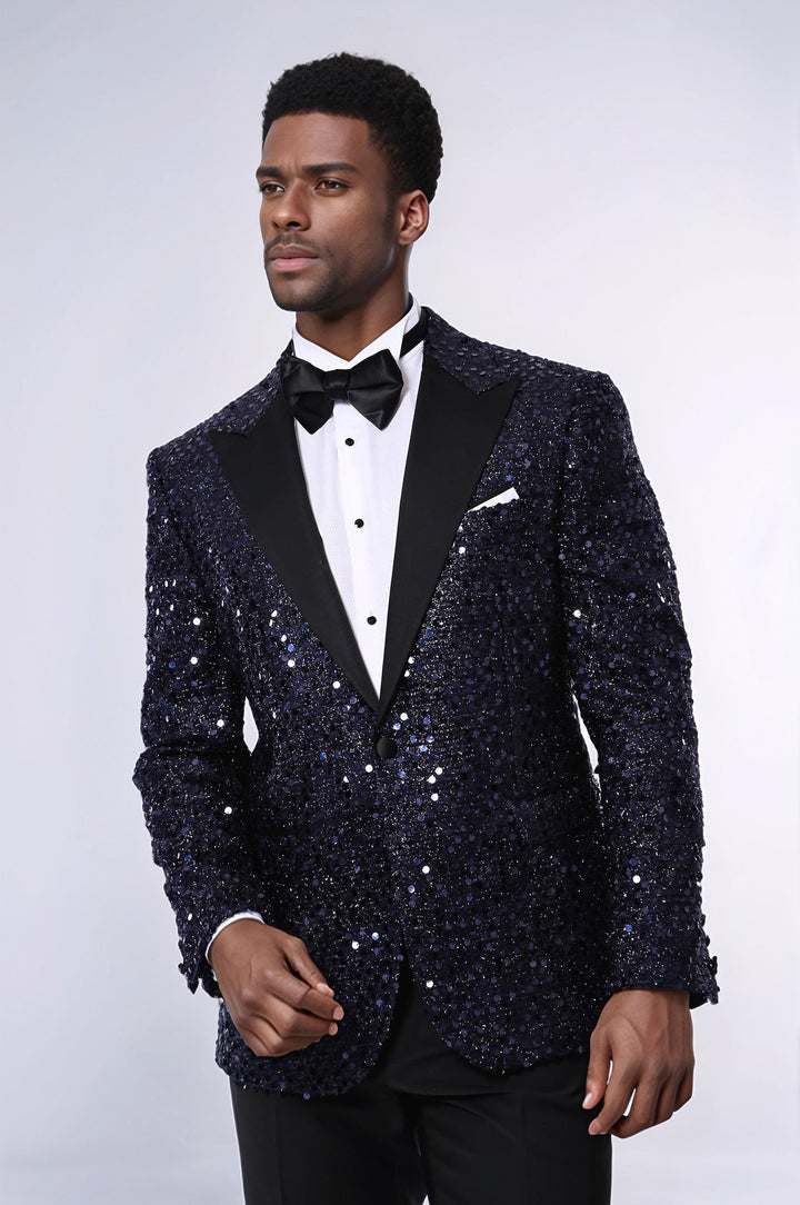 WSS Navy Blue Sequin Patterned Party Blazer  - North Bergen