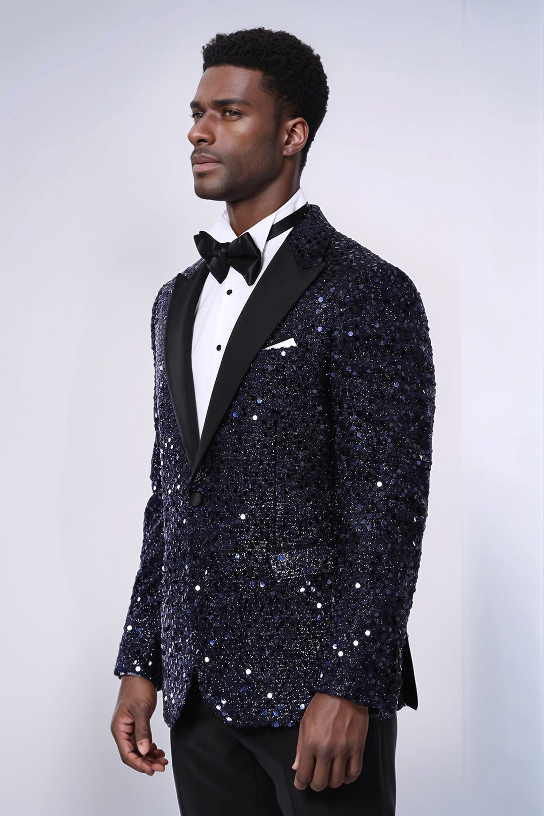 WSS Navy Blue Sequin Patterned Party Blazer  - North Bergen