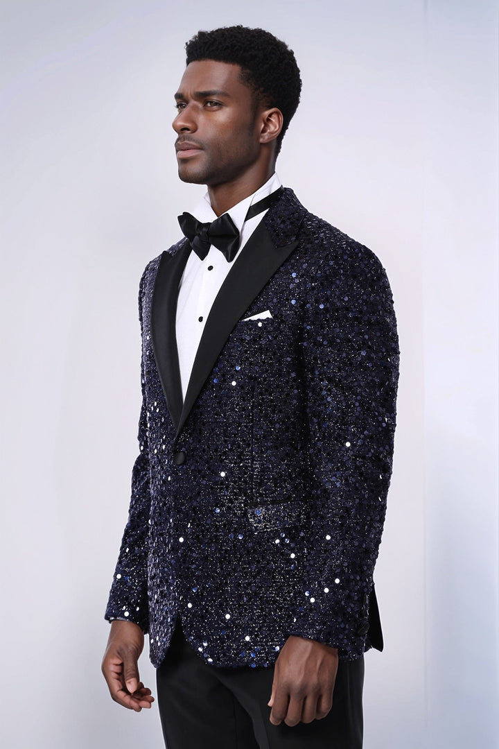 WSS Navy Blue Sequin Patterned Party Blazer  - North Bergen