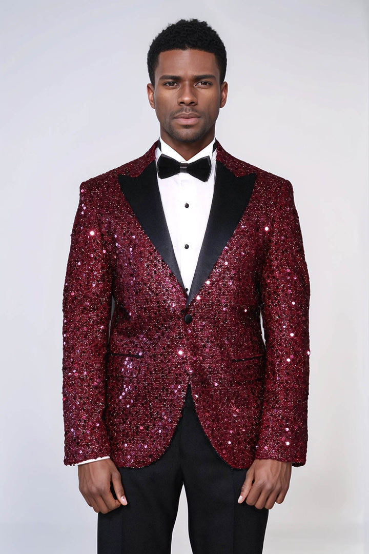 WSS Glitter Pattern Burgundy Men Prom Blazer  - Acambay