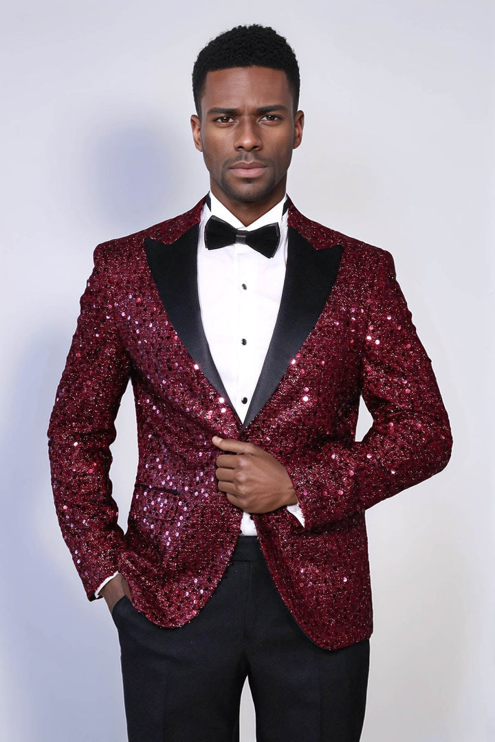 WSS Glitter Pattern Burgundy Men Prom Blazer  - Acambay