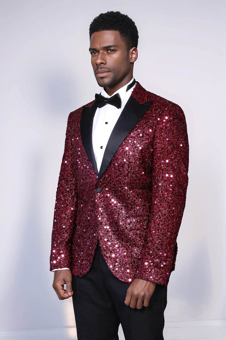 WSS Glitter Pattern Burgundy Men Prom Blazer  - Acambay