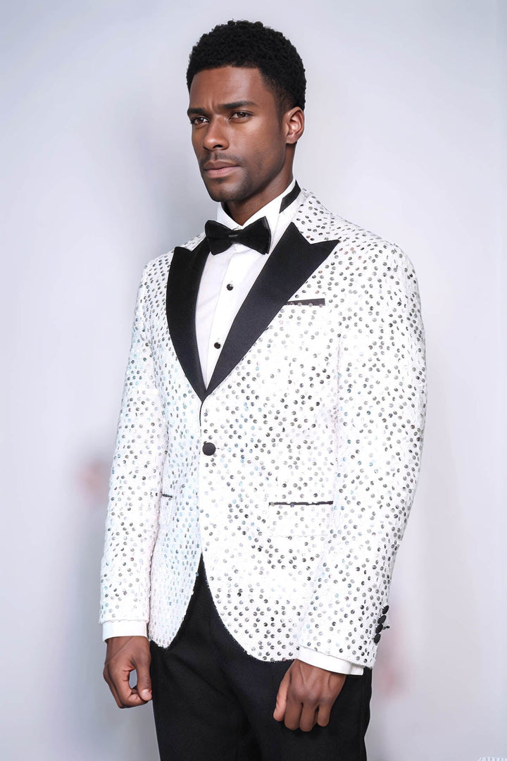 WSS Glitter Pattern White Men Prom Blazer  - St. Cloud