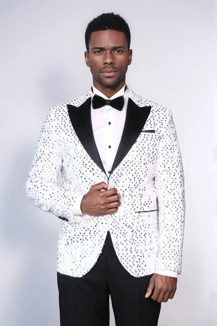 WSS Glitter Pattern White Men Prom Blazer  - St. Cloud