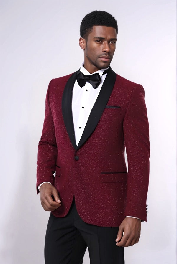 WSS Burgundy Shawl Lapel Sparkly Men Tuxedo Jacket  - Memphis