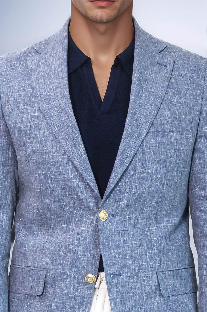 WSS Dark Blue Textured Linen-Feel Gold Metal Button Slim Fit Men's Blazer Jacket  - Roermond