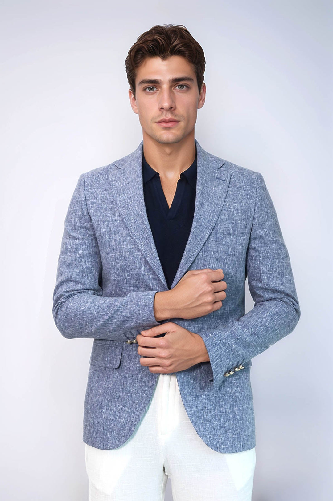 WSS Dark Blue Textured Linen-Feel Gold Metal Button Slim Fit Men's Blazer Jacket  - Roermond