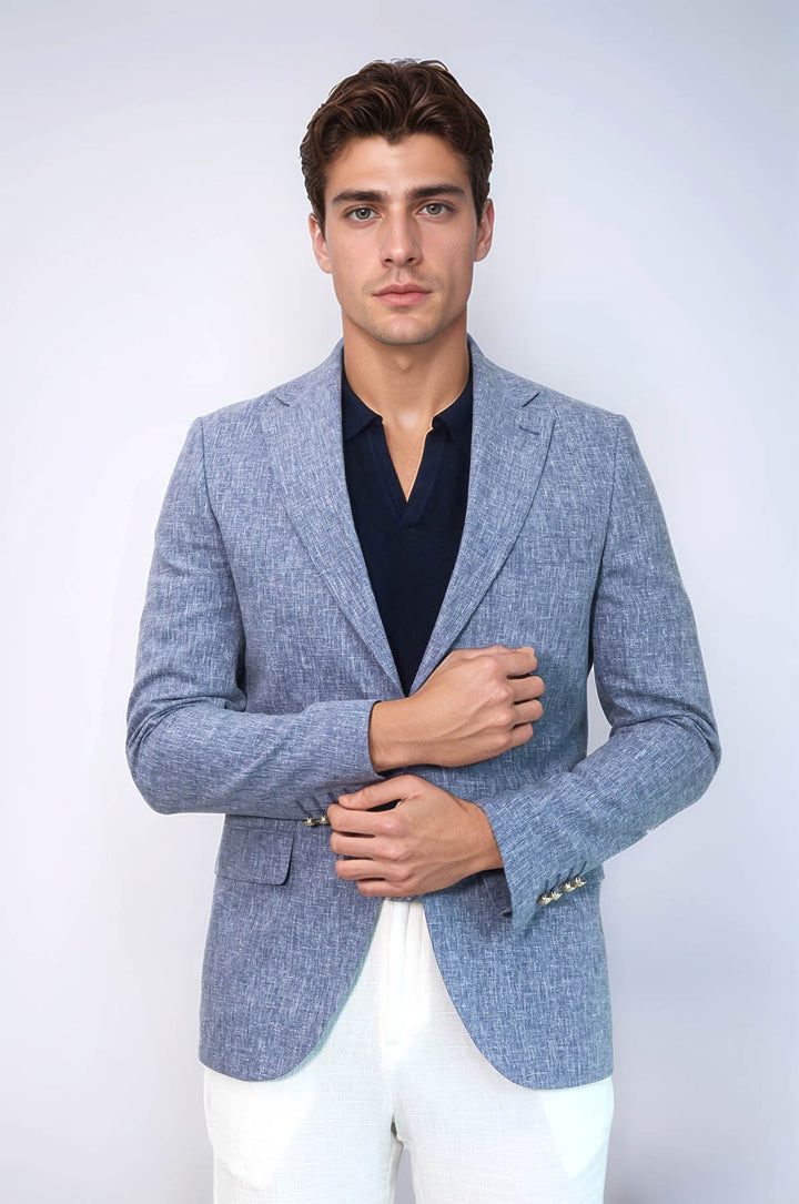 WSS Dark Blue Textured Linen-Feel Gold Metal Button Slim Fit Men's Blazer Jacket  - Roermond