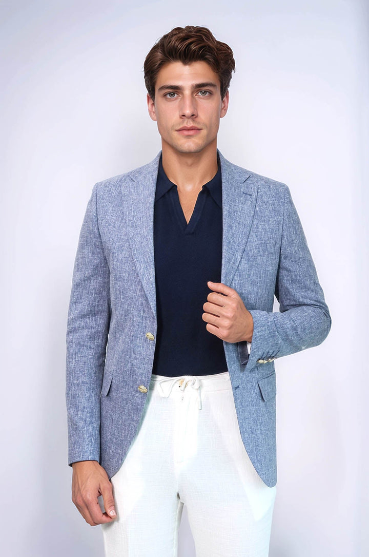 WSS Dark Blue Textured Linen-Feel Gold Metal Button Slim Fit Men's Blazer Jacket  - Roermond