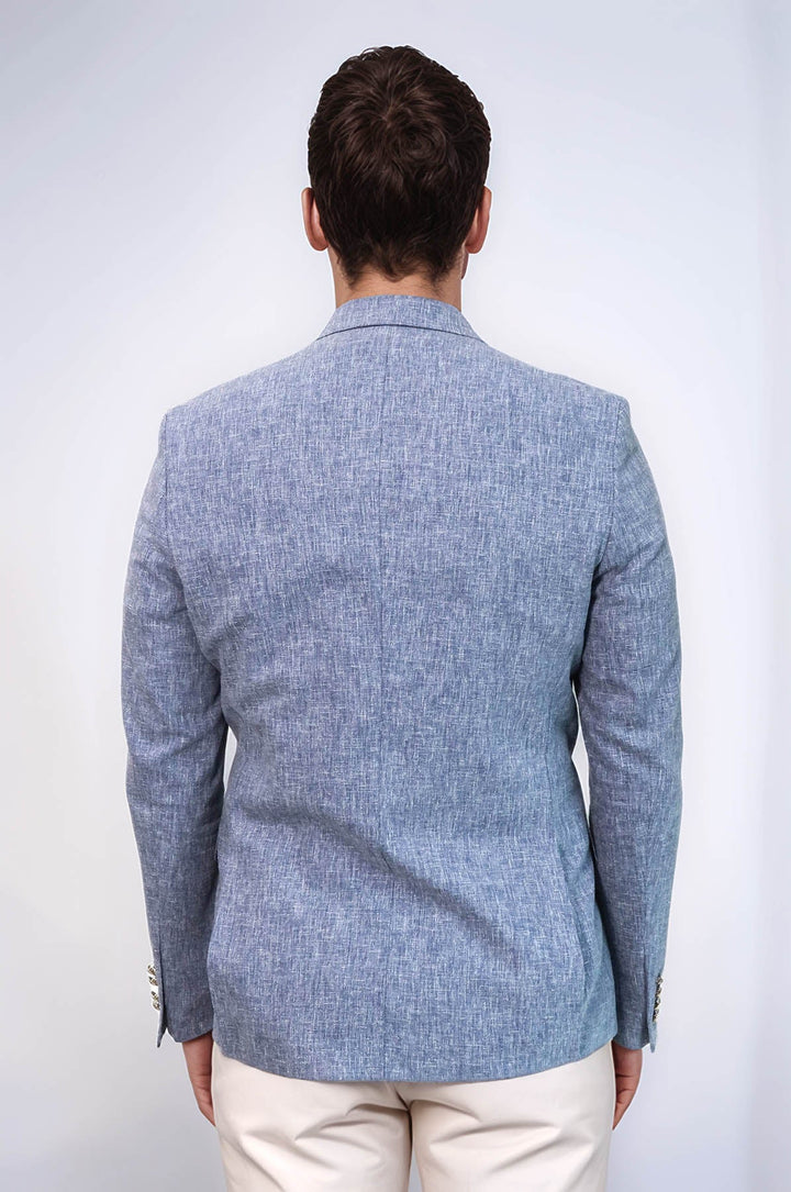 WSS Dark Blue Textured Linen-Feel Gold Metal Button Slim Fit Men's Blazer Jacket  - Roermond