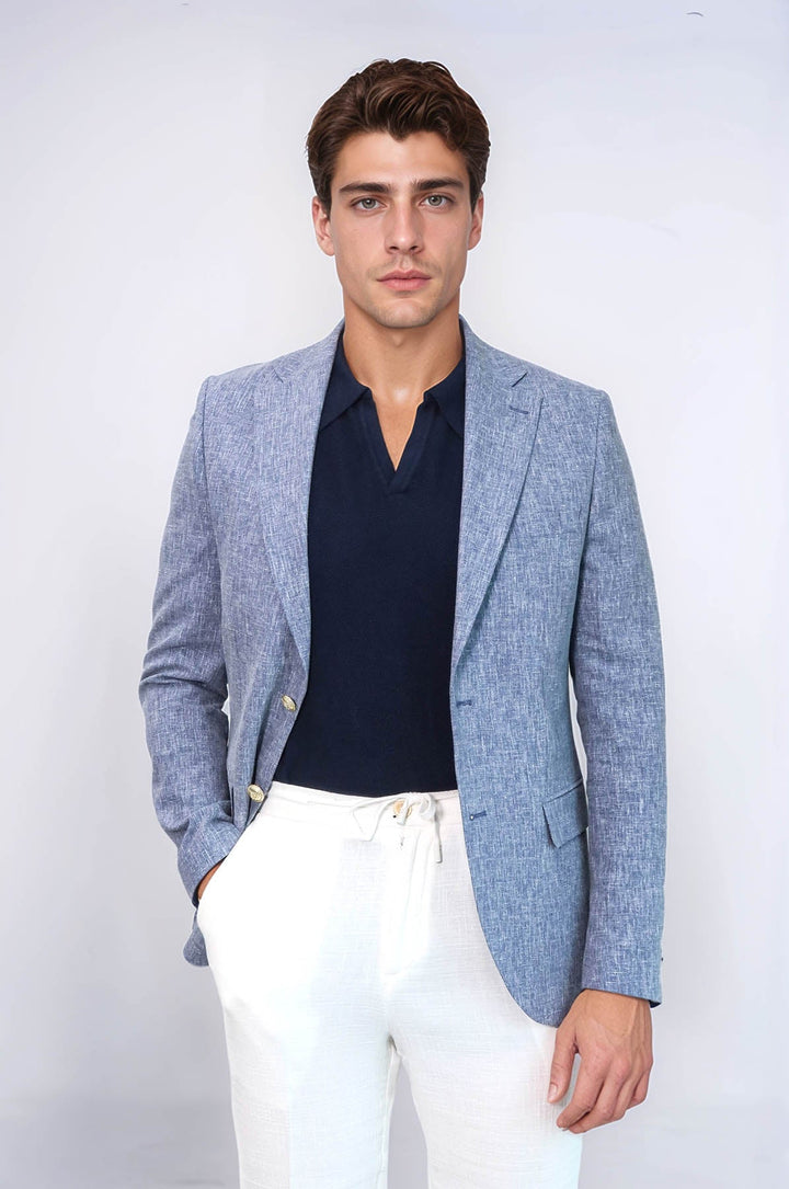WSS Dark Blue Textured Linen-Feel Gold Metal Button Slim Fit Men's Blazer Jacket  - Roermond