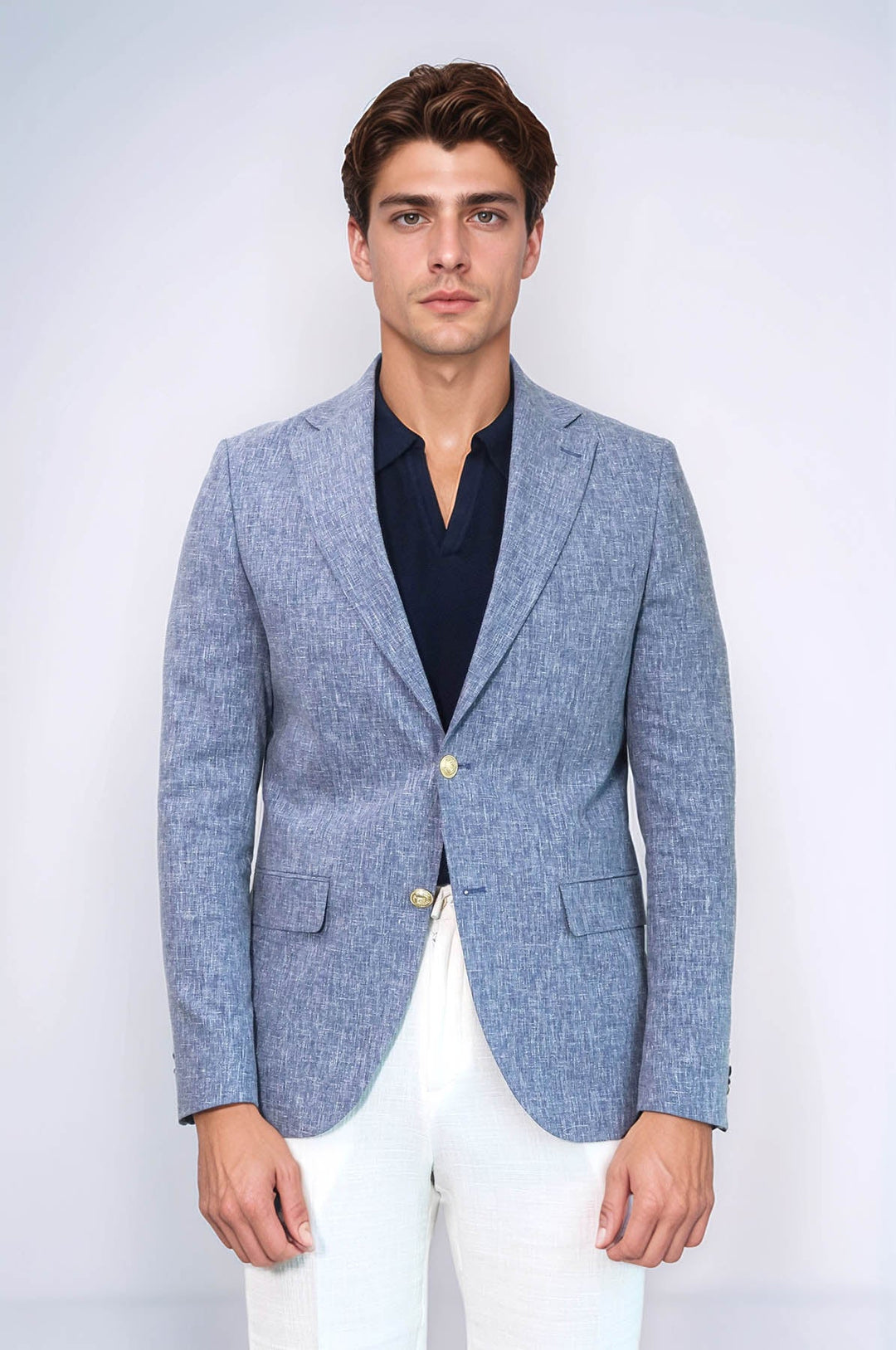 WSS Dark Blue Textured Linen-Feel Gold Metal Button Slim Fit Men's Blazer Jacket  - Roermond