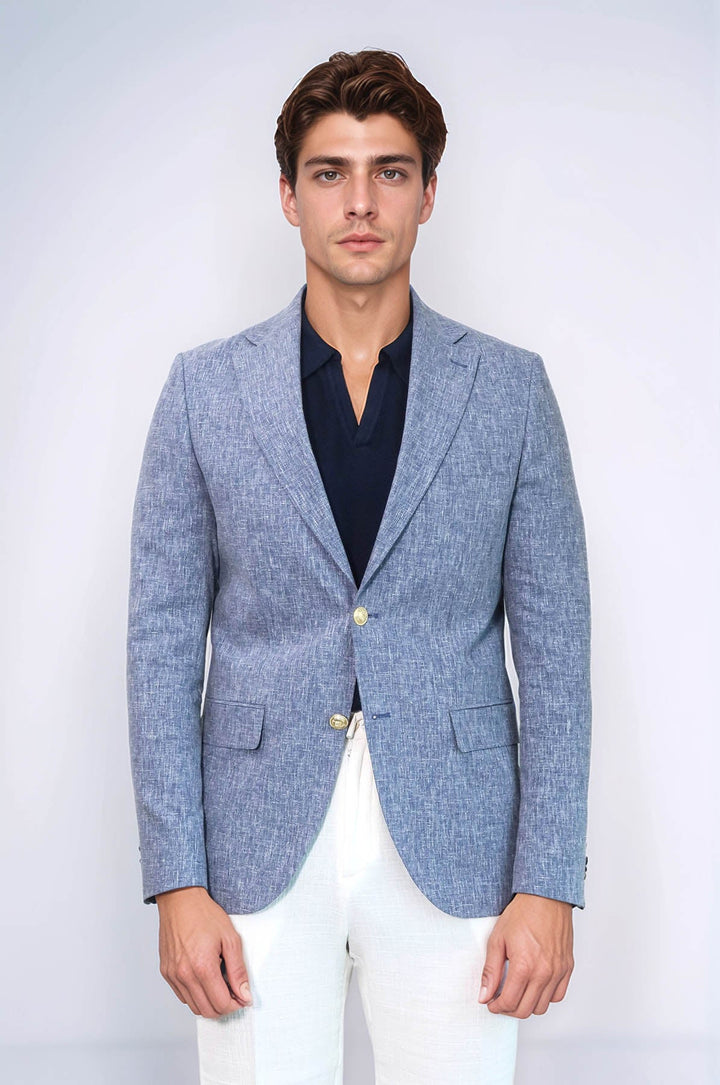 WSS Dark Blue Textured Linen-Feel Gold Metal Button Slim Fit Men's Blazer Jacket  - Roermond