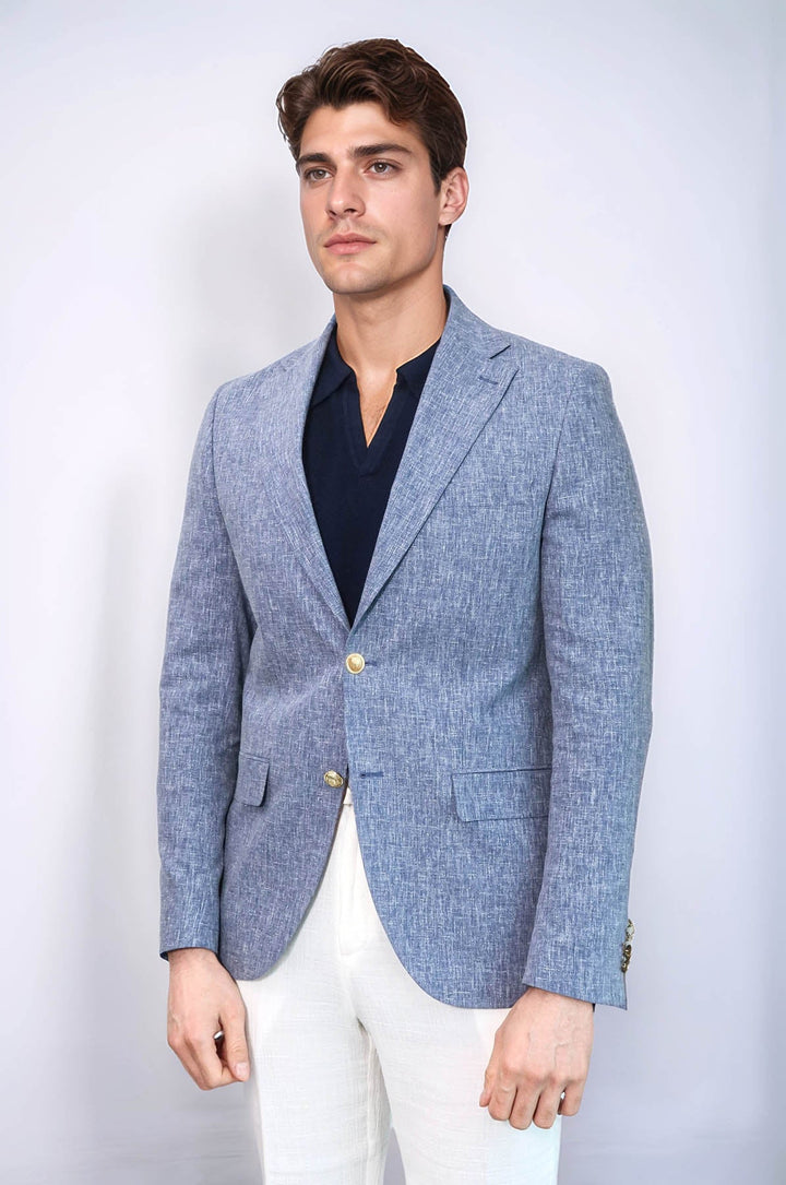 WSS Dark Blue Textured Linen-Feel Gold Metal Button Slim Fit Men's Blazer Jacket  - Roermond