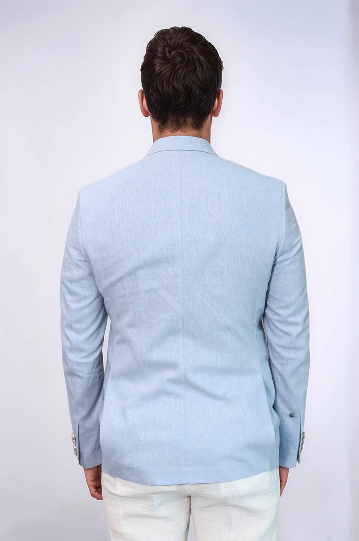 WSS Light Blue Textured Linen-Feel Gold Metal Button Slim Fit Men's Blazer Jacket  - Ashton