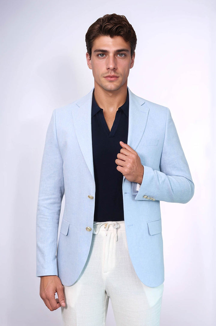WSS Light Blue Textured Linen-Feel Gold Metal Button Slim Fit Men's Blazer Jacket  - Ashton