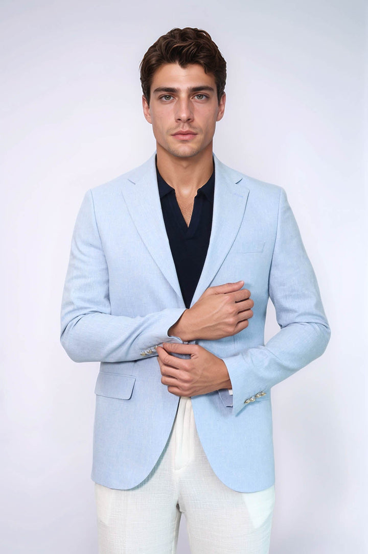 WSS Light Blue Textured Linen-Feel Gold Metal Button Slim Fit Men's Blazer Jacket  - Ashton