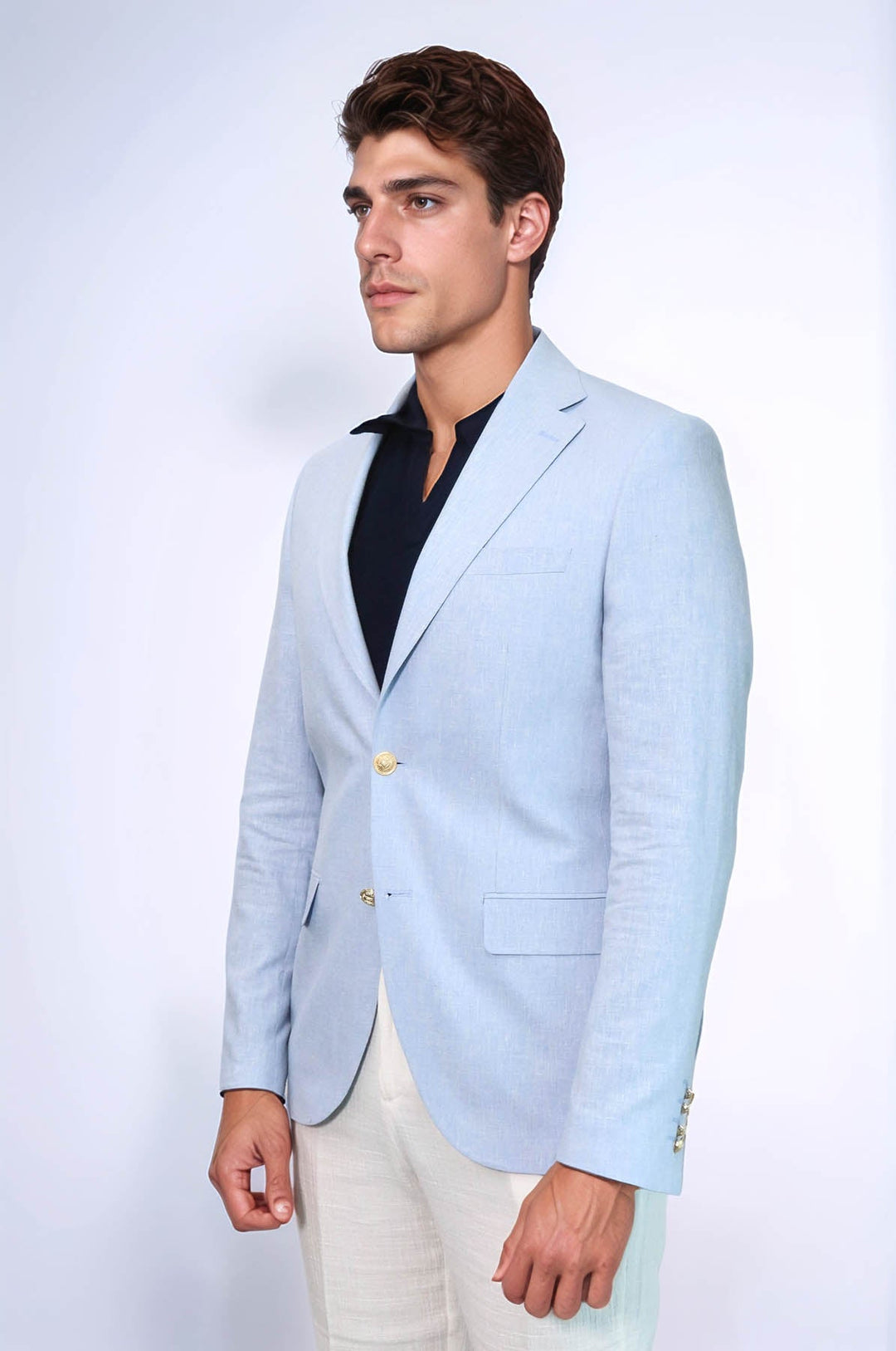 WSS Light Blue Textured Linen-Feel Gold Metal Button Slim Fit Men's Blazer Jacket  - Ashton