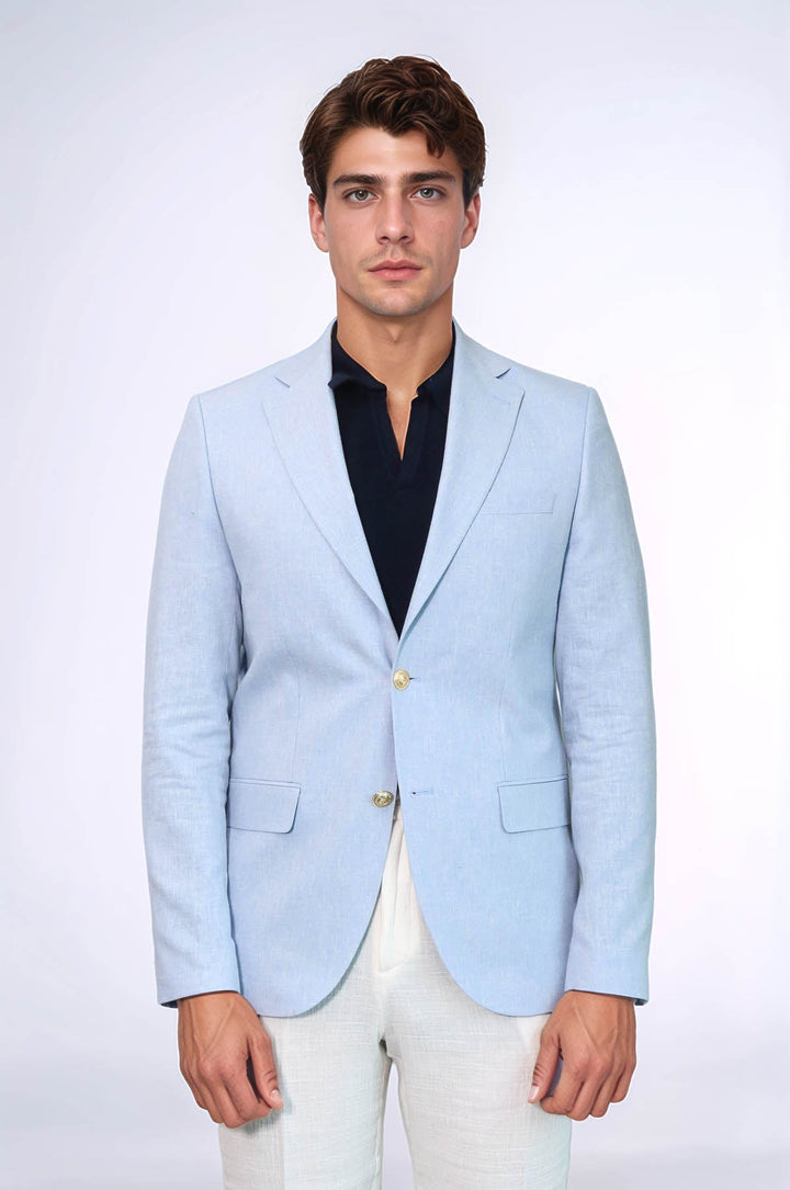 WSS Light Blue Textured Linen-Feel Gold Metal Button Slim Fit Men's Blazer Jacket  - Ashton