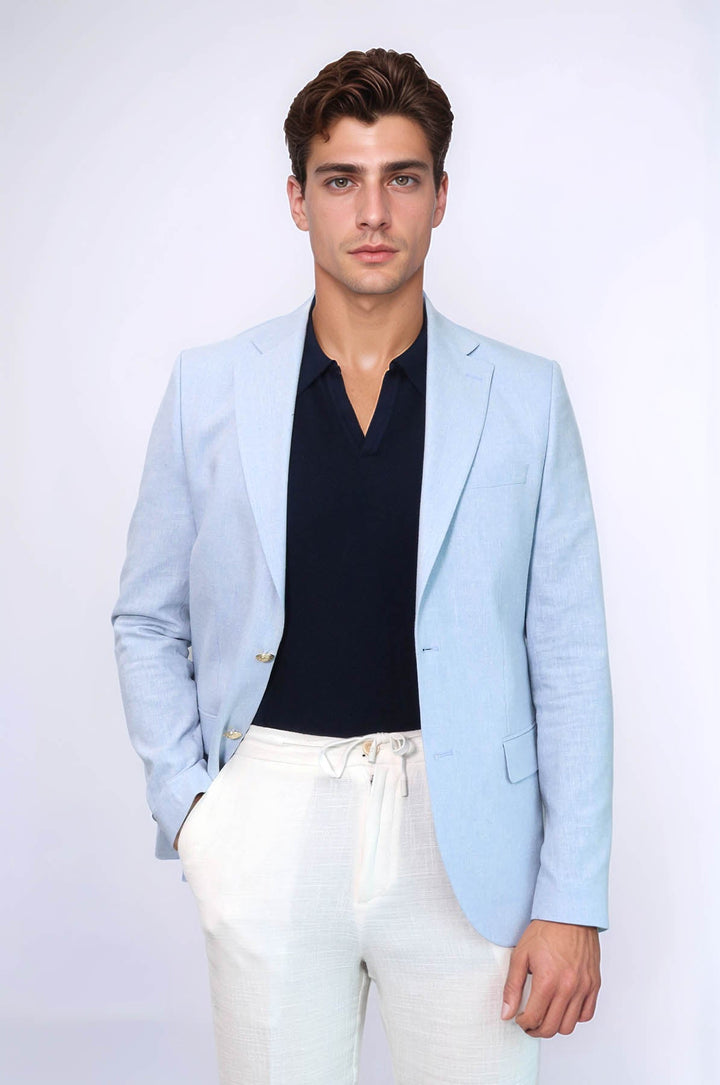 WSS Light Blue Textured Linen-Feel Gold Metal Button Slim Fit Men's Blazer Jacket  - Ashton