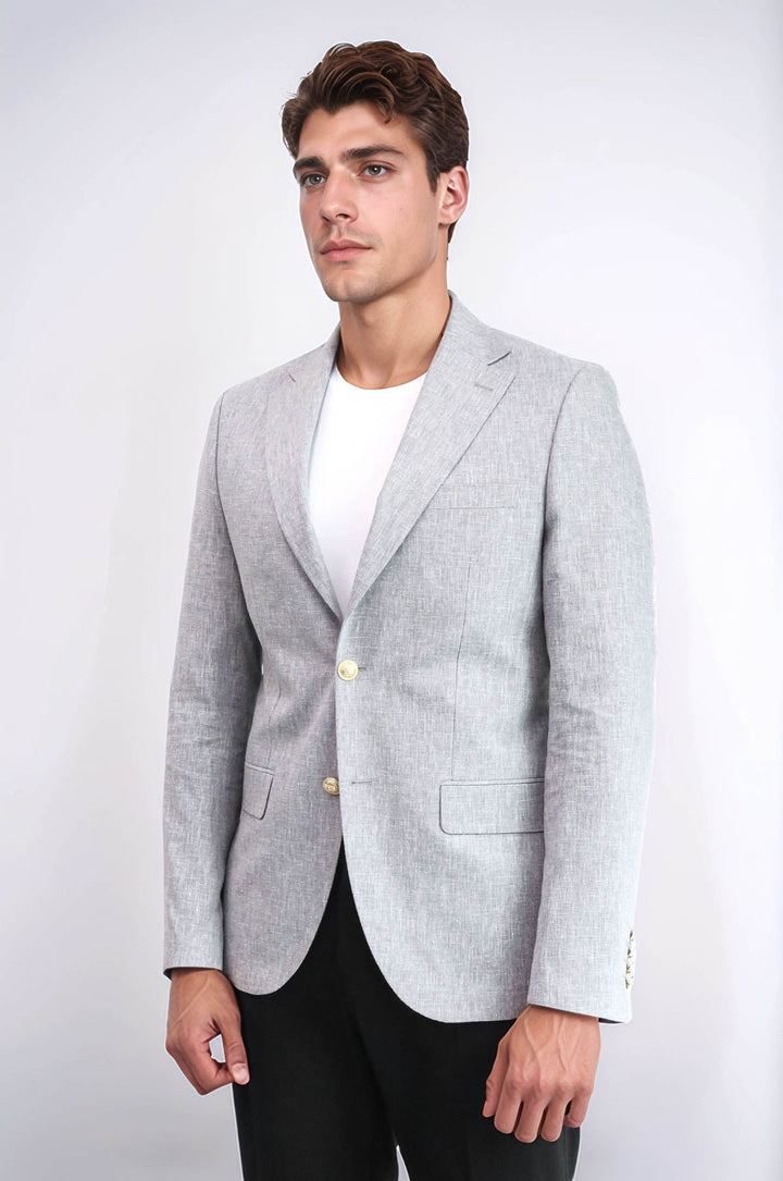 WSS Grey Textured Linen-Feel Gold Metal Button Slim Fit Men's Blazer Jacket  - Naperville