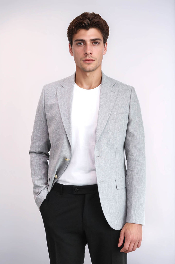 WSS Grey Textured Linen-Feel Gold Metal Button Slim Fit Men's Blazer Jacket  - Naperville
