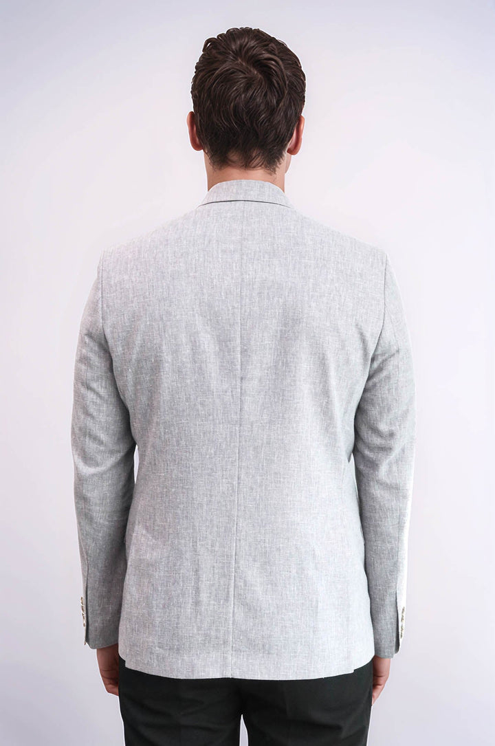 WSS Grey Textured Linen-Feel Gold Metal Button Slim Fit Men's Blazer Jacket  - Naperville