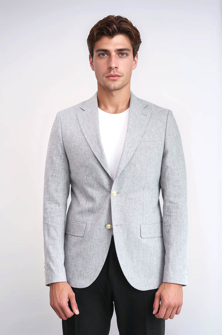WSS Grey Textured Linen-Feel Gold Metal Button Slim Fit Men's Blazer Jacket  - Naperville