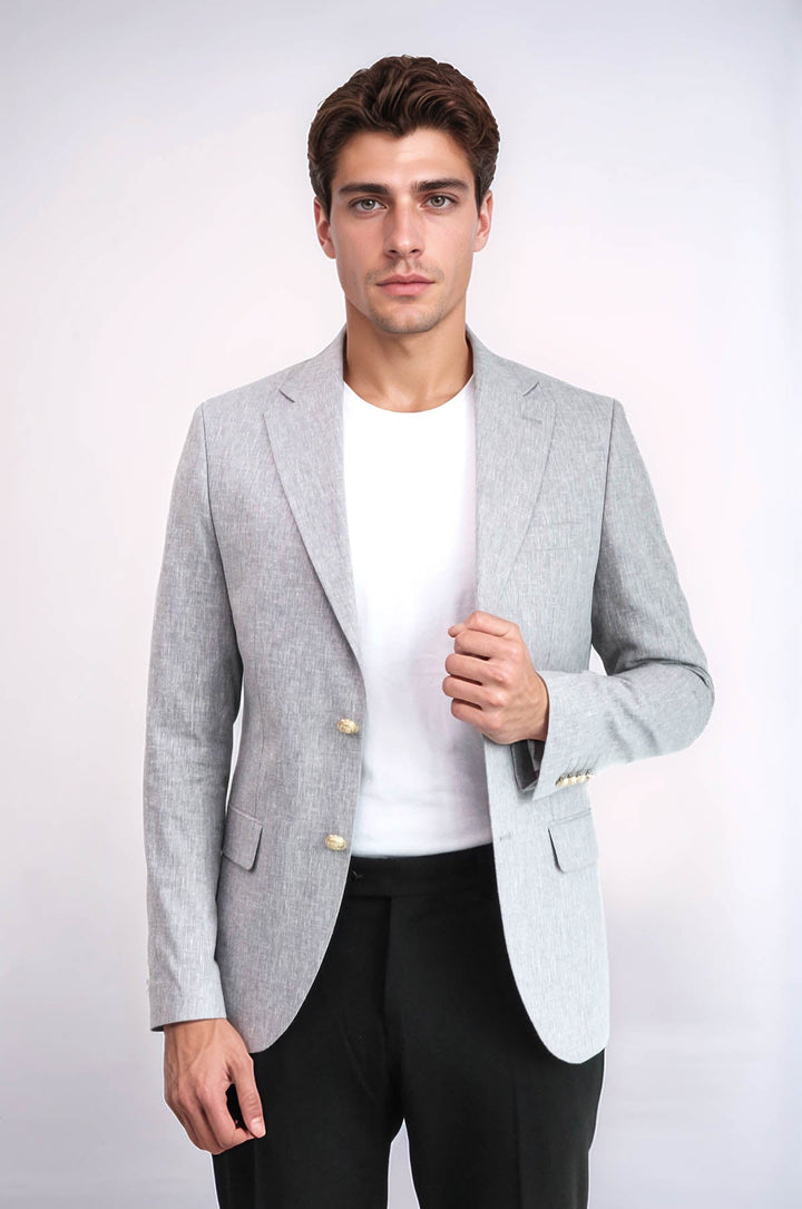 WSS Grey Textured Linen-Feel Gold Metal Button Slim Fit Men's Blazer Jacket  - Naperville