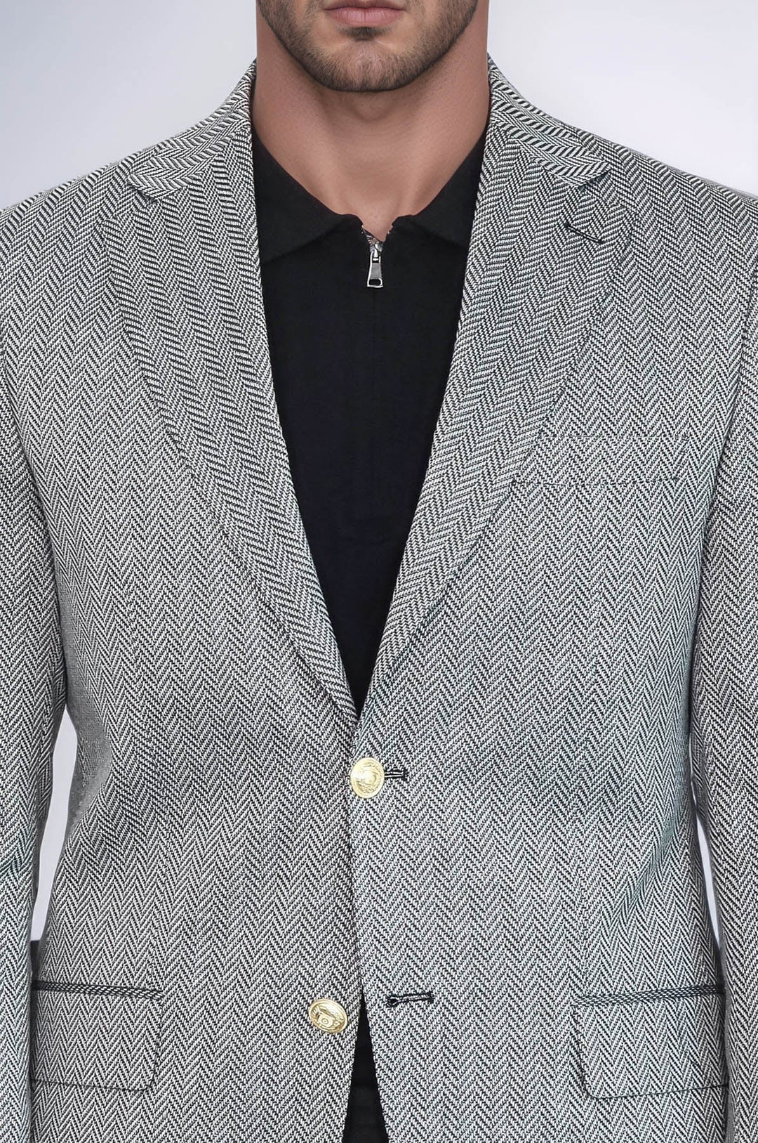 WSS Black Herringbone Pattern Gold Metal Button Slim Fit Men's Blazer Jacket  - Mechelen-aan-de-Maas