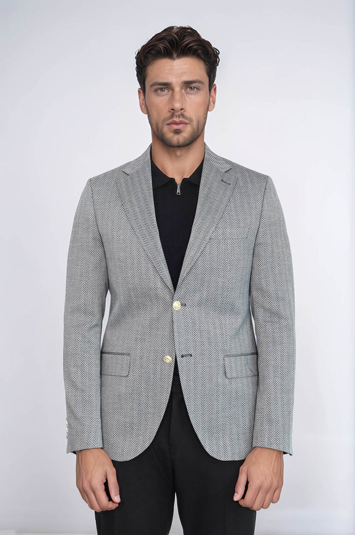 WSS Black Herringbone Pattern Gold Metal Button Slim Fit Men's Blazer Jacket  - Mechelen-aan-de-Maas