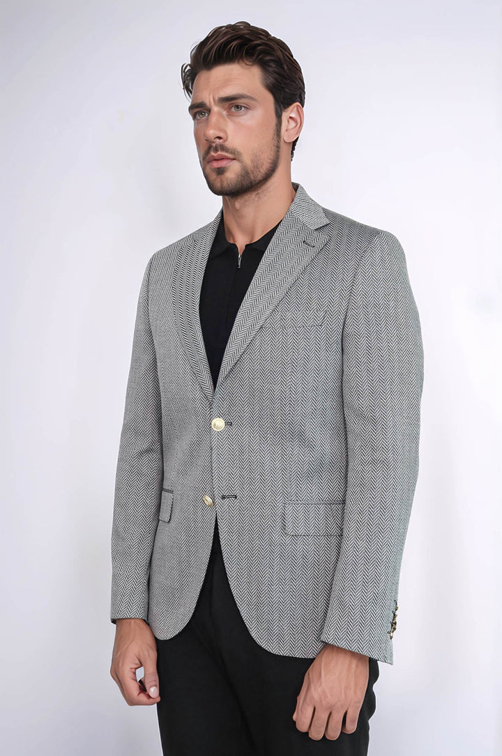 WSS Black Herringbone Pattern Gold Metal Button Slim Fit Men's Blazer Jacket  - Mechelen-aan-de-Maas