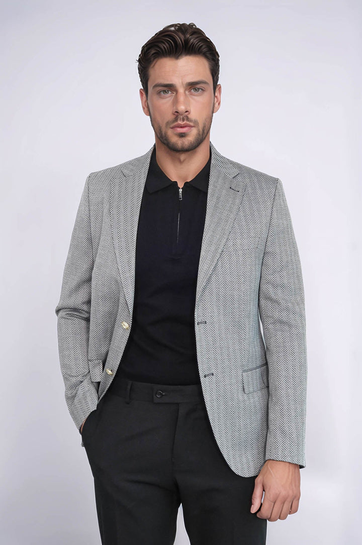 WSS Black Herringbone Pattern Gold Metal Button Slim Fit Men's Blazer Jacket  - Mechelen-aan-de-Maas