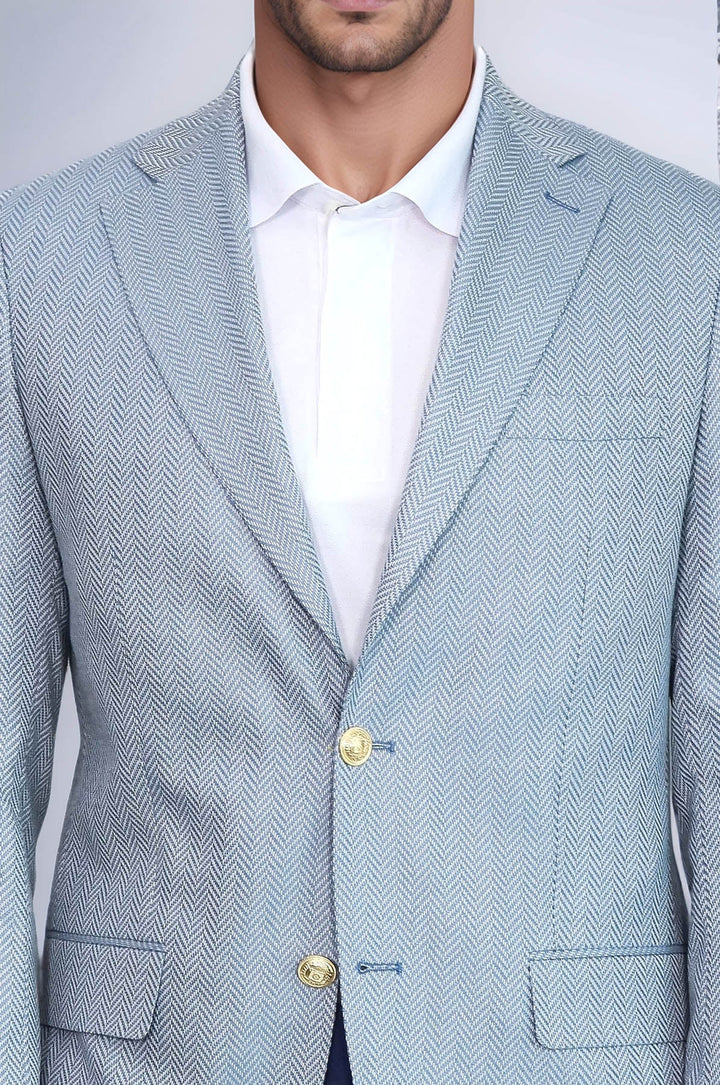 WSS Light Blue Herringbone Pattern Gold Metal Button Slim Fit Men's Blazer Jacket  - Topeka