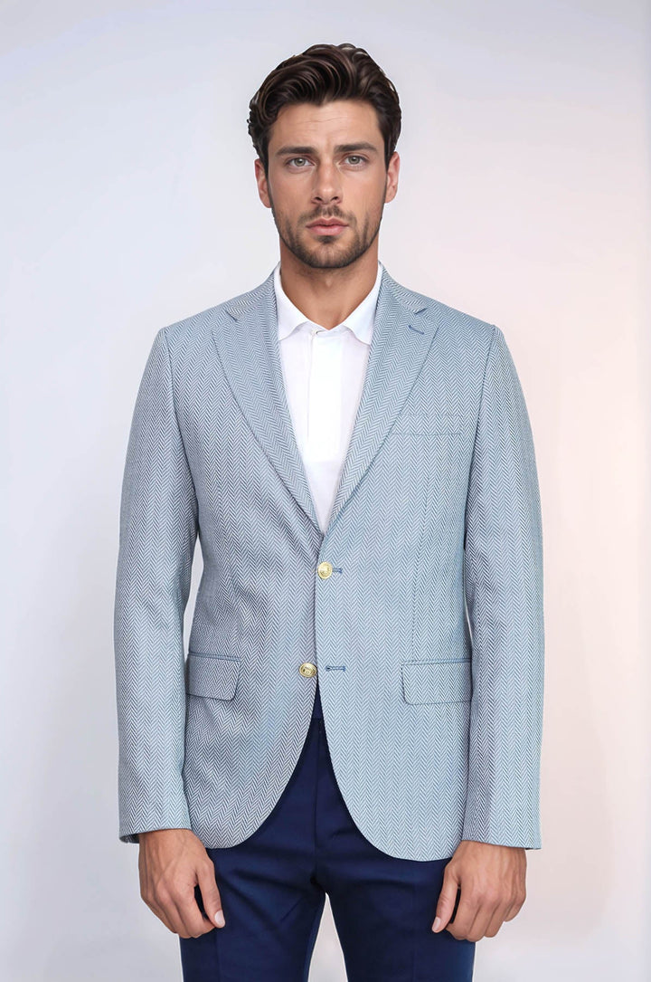 WSS Light Blue Herringbone Pattern Gold Metal Button Slim Fit Men's Blazer Jacket  - Topeka